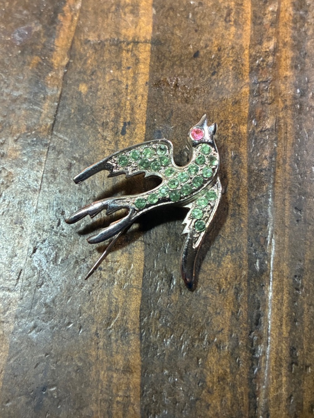 Source Unknown Green Crystal Bird Brooch with Pink Eye